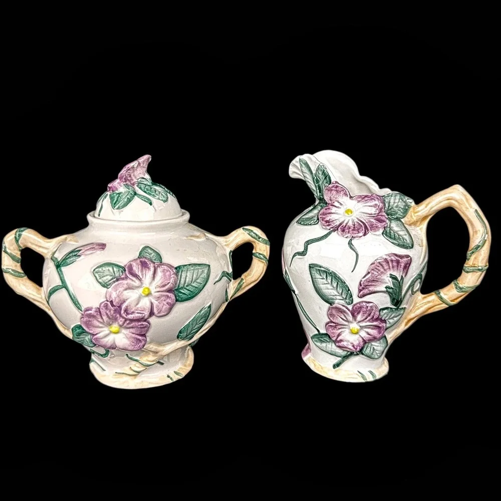 Vintage 1991 Fitz & Floyd Purple Violets Handpainted Flowers Creamer & Sugar Set